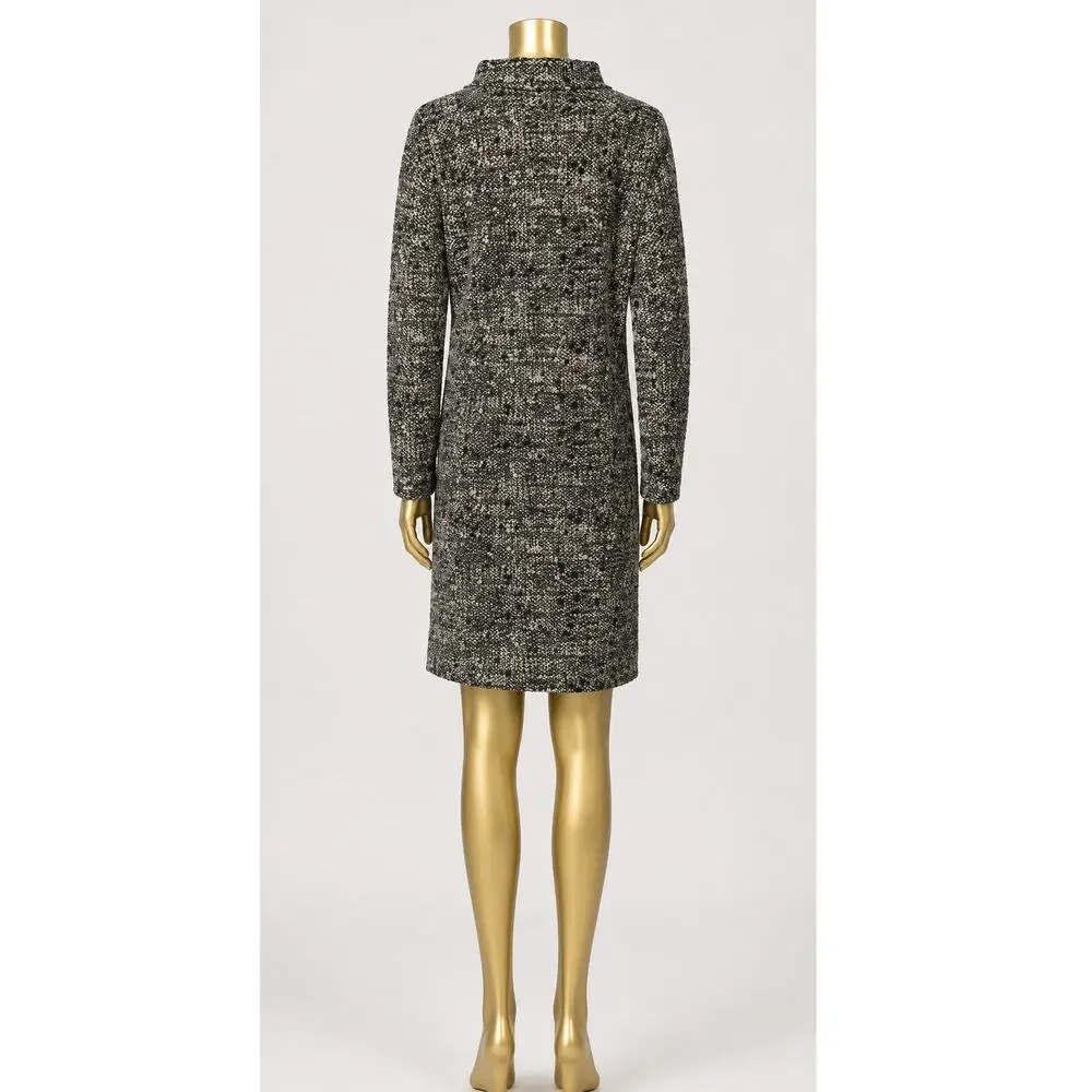 AKRIS PUNTO Woven Knit Sweater Dress 8 Tweed Textured Zip Side Pockets Black